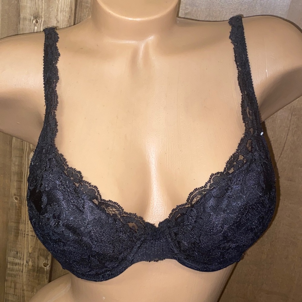 VTG Bill Blass black floral lace bra 36C padded w underwires push up classic